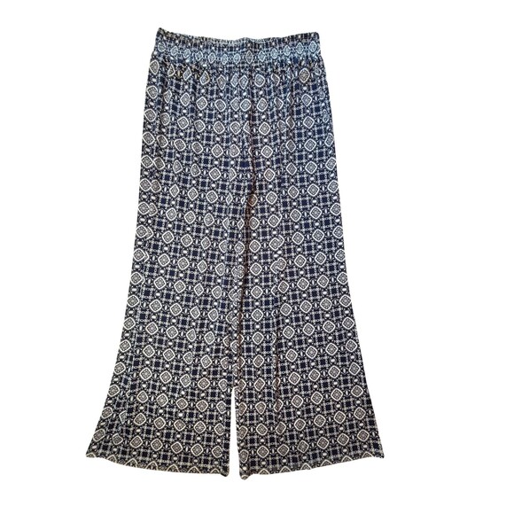 HALO Wide‎ Leg Pull On Pants Women's Blue White Geometric Stretchy Waist Boho XL - Picture 1 of 13